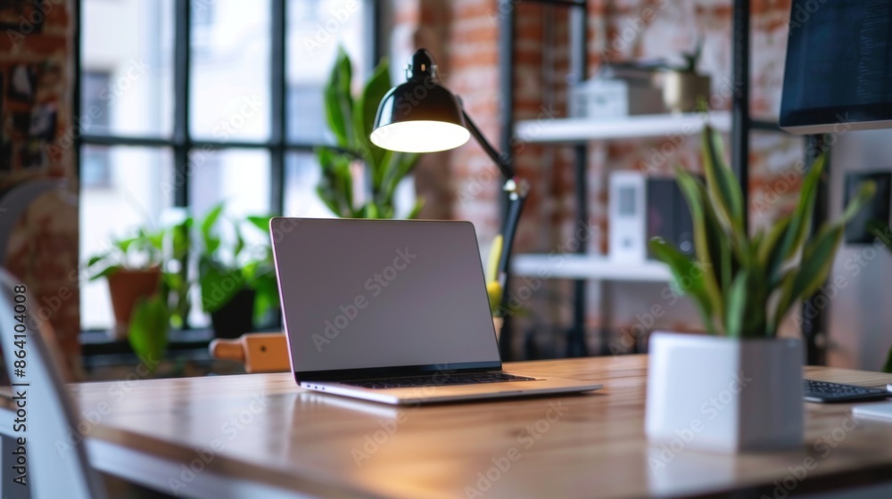 Poster a minimalist desk setup in a modern coworking space, featuring a laptop, wireless keyboard, and a sl