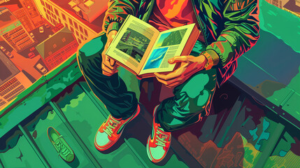 Pixel art vector-style image of the hands of a man in a sports jacket sitting on the edge of the roof hold a book against the background of his feet in sneakers and a city, top-down perspective.