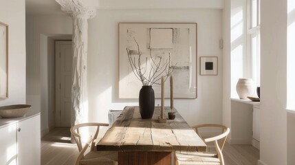 A minimalist dining room with a wooden table, modern chairs, and minimalist artwork on the walls.