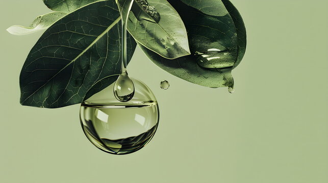 A shiny drop of water isolated on a light green background is useful for advertising oil or detergents. Green leaves of the olive tree, suitable for advertising healthy and natural products.