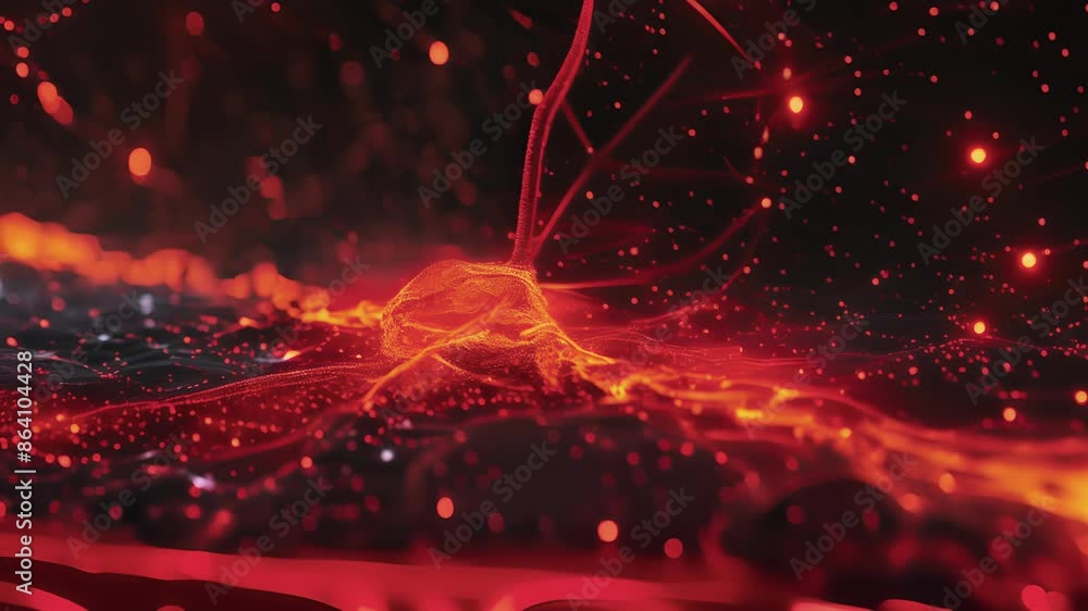 Poster a flickering glow emanating from a single action potential traveling down a neuronal pathway.