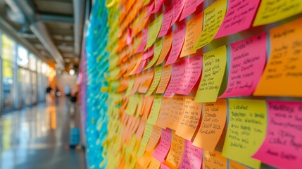 Colorful Sticky Notes on a Glass Wall in a Modern Office
