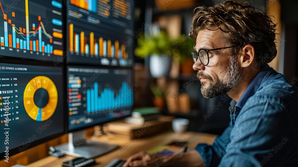 Poster Financial analyst working in office analyzing data on multiple screens