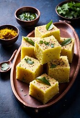 Popular Indian dish Traditional Food Sev Khaman Dhokla Served With Green Chutney & Chilli