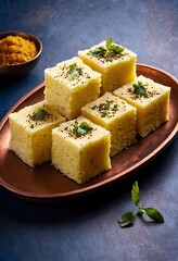Popular Indian dish Traditional Food Sev Khaman Dhokla Served With Green Chutney & Chilli