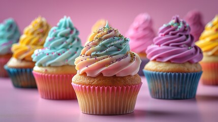 Colorful Cupcakes With Cream Frosting on Display in Pink Background