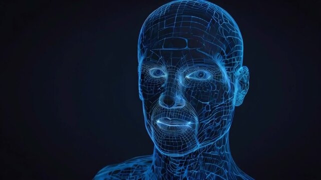 A blue wireframe model of a human head on a black background.