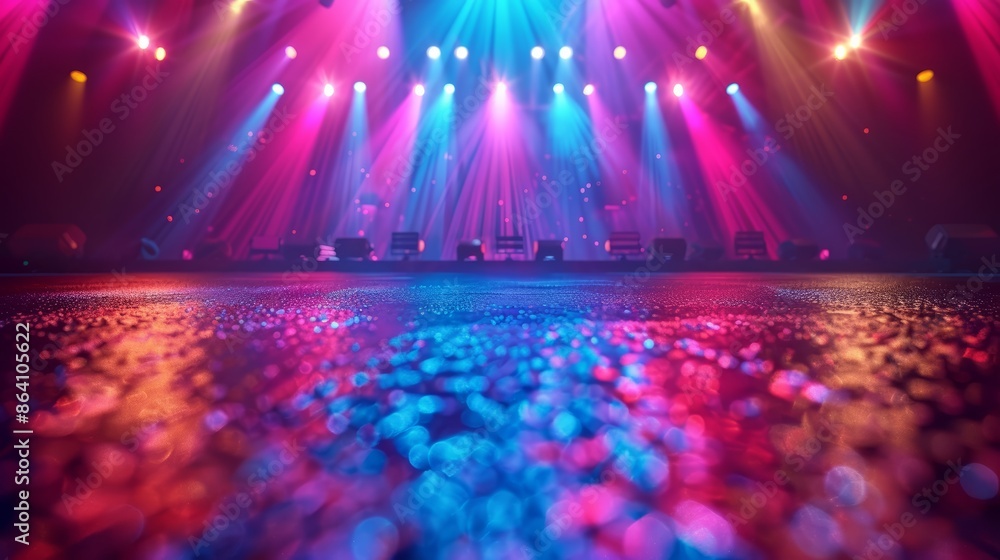 Poster empty stage with spotlights and colorful bokeh lights reflecting on wet surface