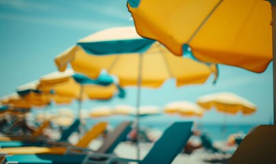 Close-up macro shot of a vibrant beach resort scene featuring colorful umbrellas and sun loungers under a clear blue sky