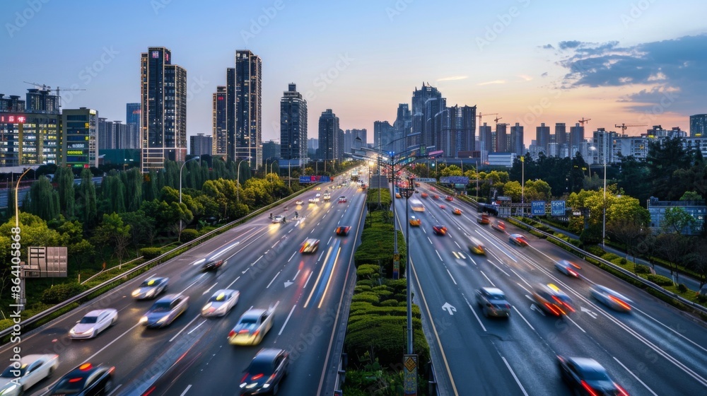Poster a panoramic view of a modern highway with cars and trucks commuting between cities, emphasizing tran
