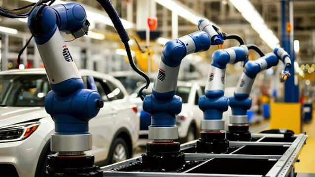 The video shows a car factory with several blue robotic arms working on a white car.