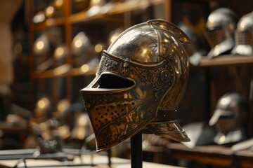 A detailed knight's helmet on a stand, with a softly blurred background of a medieval armory filled with weapons and armor. 