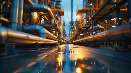 Naklejka premium Industrial factory at night with pipelines