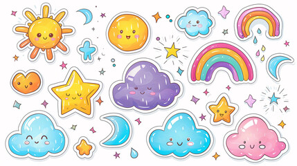 Cute kawaii stickers of various weather conditions like tornadoes and snowflakes, on white background