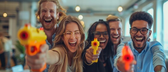 Business staff enjoying an office Have fun playing with water guns