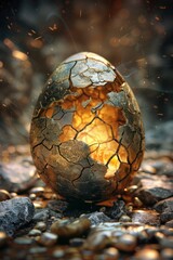 A dragon egg with cracks, with a softly blurred background of a fantasy cave 