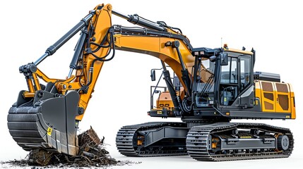 Obraz premium Excavator with a mulcher attachment, isolated on white, highlighting forestry equipment