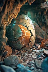 A dragon egg with cracks, with a softly blurred background of a fantasy cave 