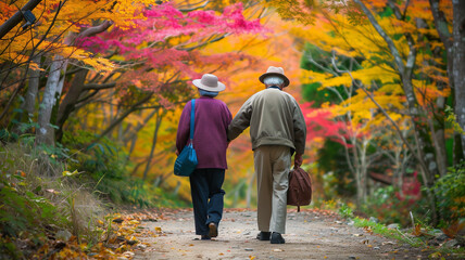 Fototapeta premium 紅葉の公園を手をつないで歩く日本の老夫婦