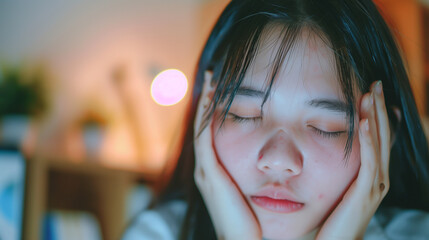 Tired teen girl rubbing dry irritable eyes feel eye strain tension migraine after computer work, exhausted young Asian woman student relieving headache pain, bad weak blurry vision, eyesight problem,