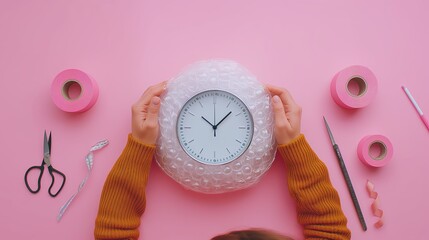 Person Wrapping Clock with Bubble Wrap on Pink Background