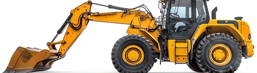 Compact wheel loader with backhoe attachment, isolated on white, versatile tool