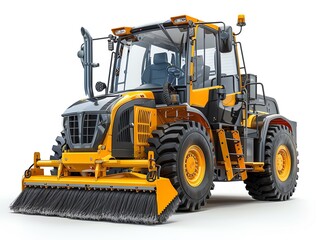Compact wheel loader with sweeper attachment, isolated on white, cleaning equipment
