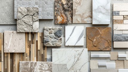 Material Samples. Top View of Interior Material Board with Combination of Wood, Marble, and Terrazzo Stone