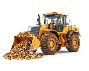 Detailed wheel loader with chip bucket, isolated on white, sawmill tool