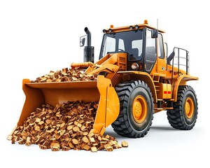 Detailed wheel loader with chip bucket, isolated on white, sawmill tool