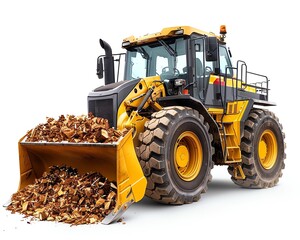 Obraz premium Detailed wheel loader with chip bucket, isolated on white, sawmill tool