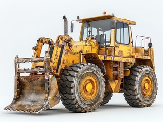 Fototapeta premium Wheel loader with fork attachment, isolated on white background, industrial machinery