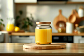 Ghee glass jar mockup, kitchen background