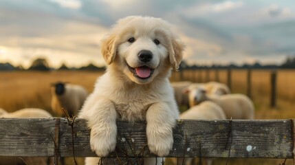 Adorable golden retriever puppy with sheep in background