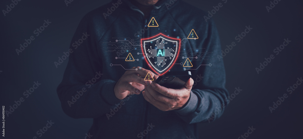 Aufkleber ai security, error notification sign, concept of warning or alert, businessman use smartphone show w