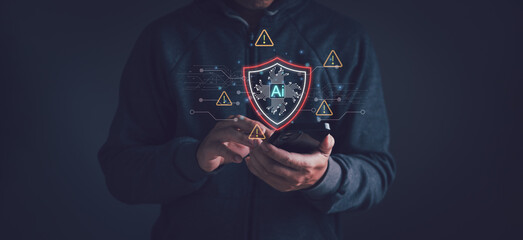 Ai security, error notification sign, concept of warning or alert, businessman use smartphone show...