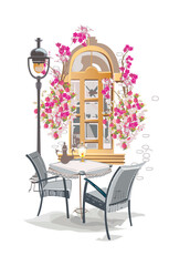 Series of backgrounds decorated with flowers, old town views and street cafes. Cafe window.   Hand drawn vector architectural background with historic buildings. 