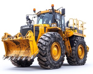 Fototapeta premium Wheel loader with trenching attachment, isolated on white background, digging equipment