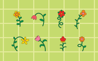 Set of botanical floral elements in trendy groovy retro style. Collection of cute hand drawn funny flowers. Vector natural illustration.