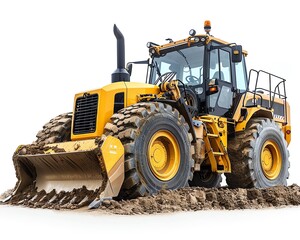 Wheel loader with trenching attachment, isolated on white background, digging equipment