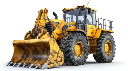 Yellow wheel loader with large bucket, isolated on white background, detailed tires and hydraulic arms