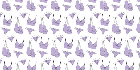 Seamless Female Pattern with Lingerie, Boxing Gloves, and Diamond. Happy Women's Day. Beautiful pattern on the theme of women, beauty. Cosmetic elements. Vector illustration in flat style.
