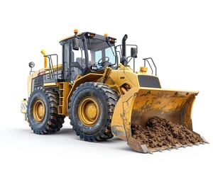 Compact wheel loader in action, lifting load, isolated on white