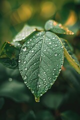 A leaf with dewdrops, with a softly blurred background of a forest scene.