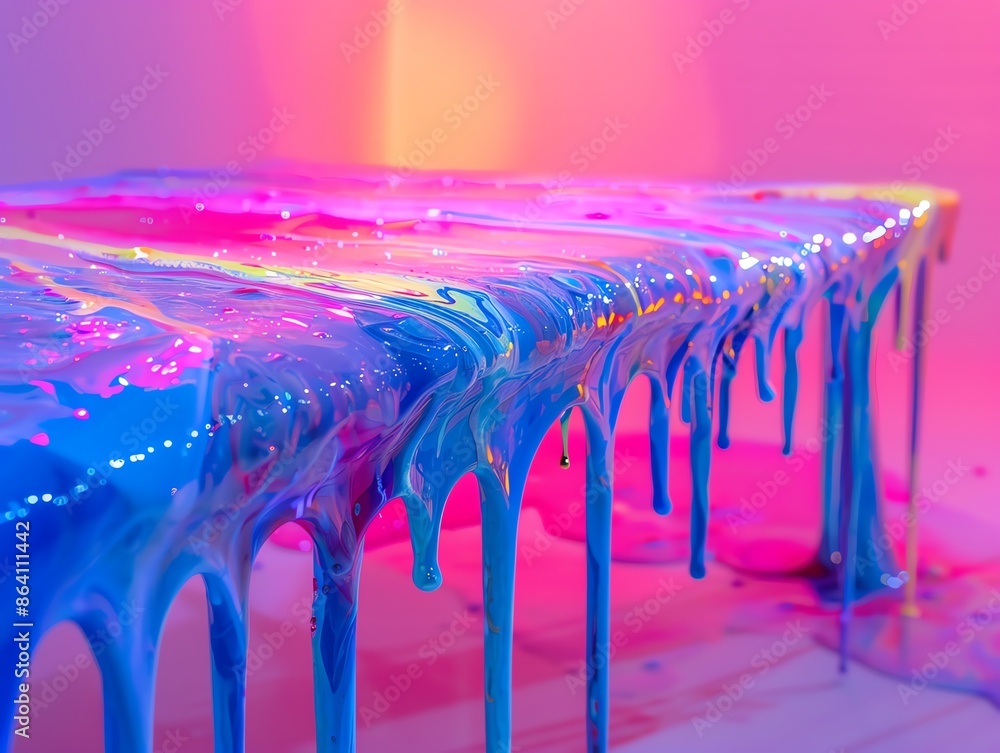 Poster close-up of vibrant, dripping neon paint creating a colorful and dynamic abstract art piece with a s
