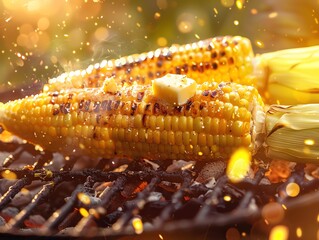 Close-up of grilled corn on the cob with melting butter, on a barbecue grill, with fire sparks, providing a rustic outdoor cooking feel.