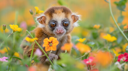 Fototapeta premium baby slow loris pygmy primate standing in the middle of beautiful flowers, looking at the camera, endangered animal species 