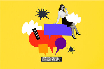 Composite artwork sketch image photo collage of silhouette woman office manager sit speech cloud quote sms message chatting phone display