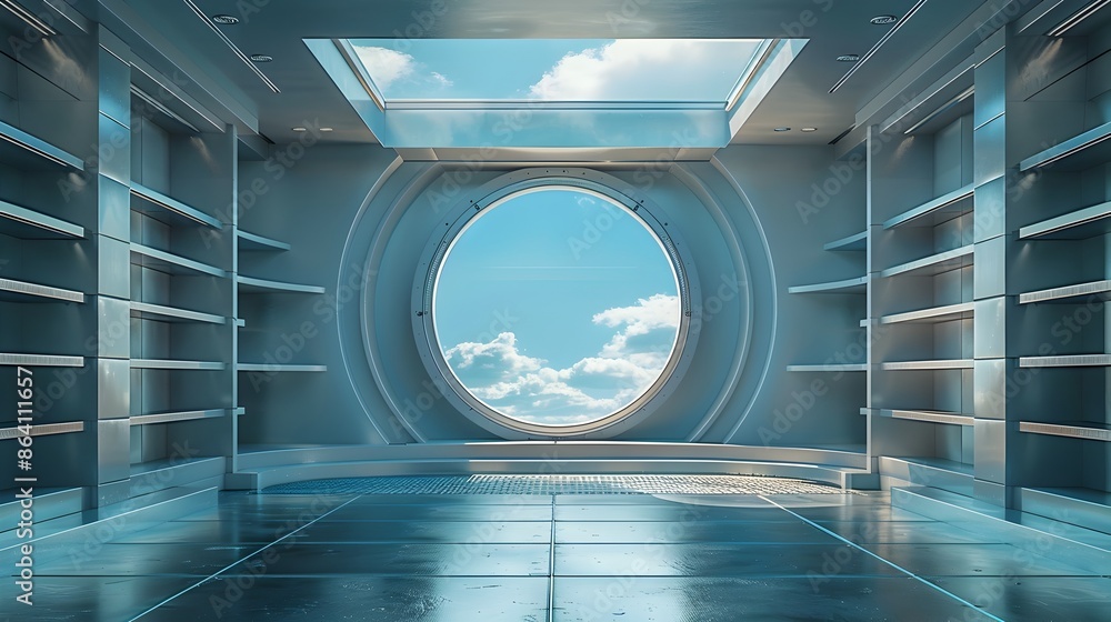 Poster futuristic architectural tunnel with panoramic sky view in minimal design