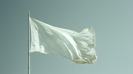 White flag on pole flying in wind, isolated on light blue background with copy space, detailed, natural light.